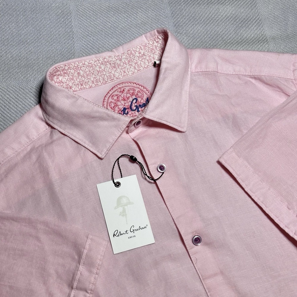NEW Robert Graham Borsi Pink Linen Blend Short Sleeve Button Up Shirt Sz 2XL NWT